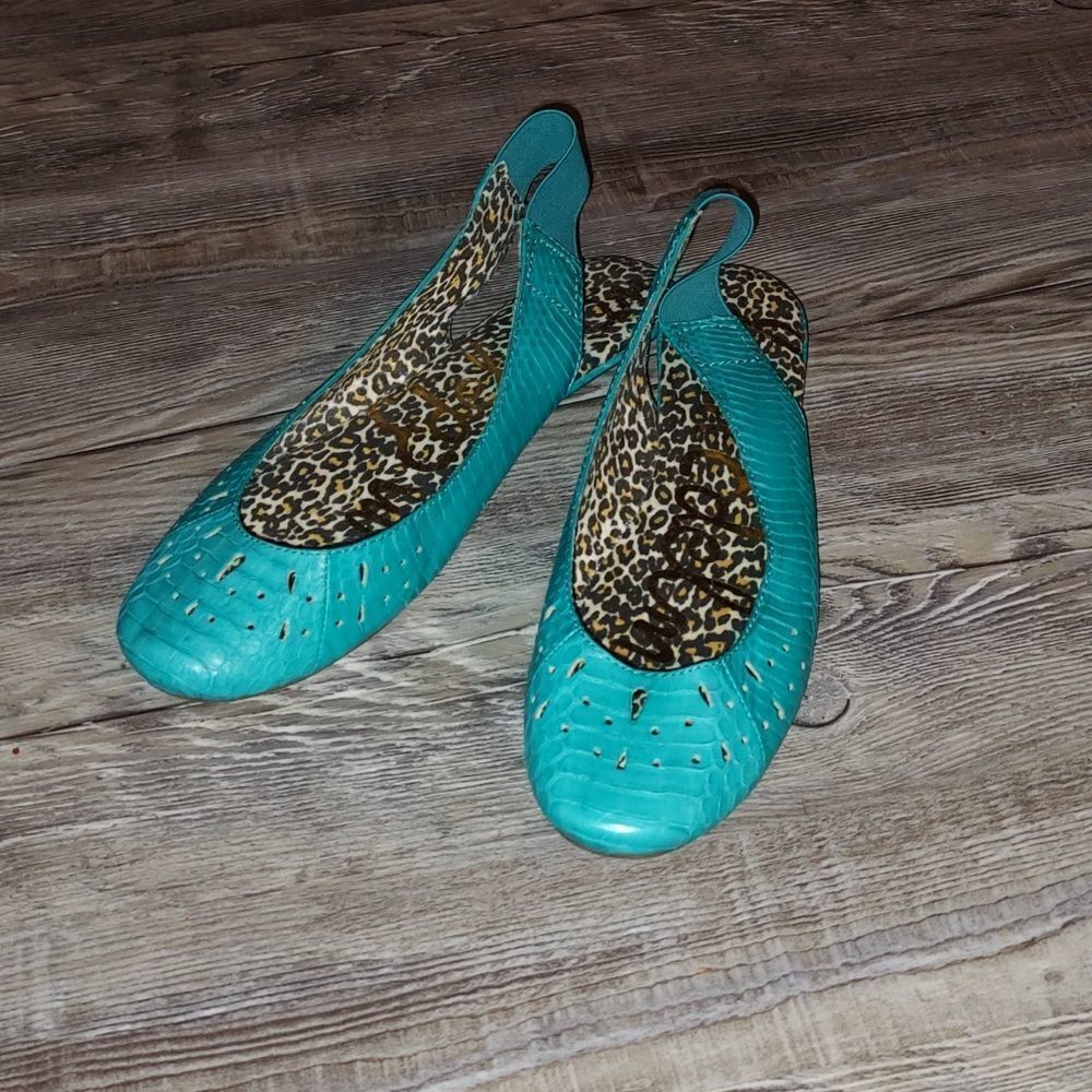 Sam Edelman Colette snakeskin turquoise back strap flats Sz 7